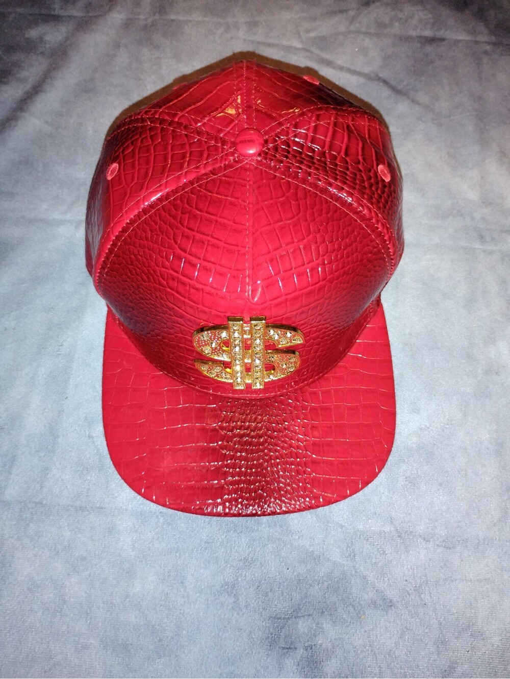 Red Crocodile Print Snapback Hat with Gold Dollar Sign